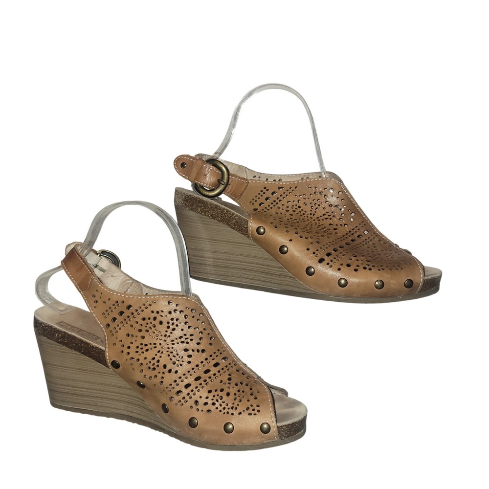 Pikolinos Tan Leather Laser Cut Wedge Slingback Sandals Shoes40eu 9us sexy boho